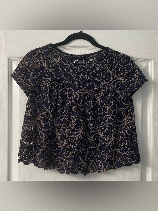 Zara Tops - Zara Basics Collection Navy Blue Lace Short Sleeve Sheer Top